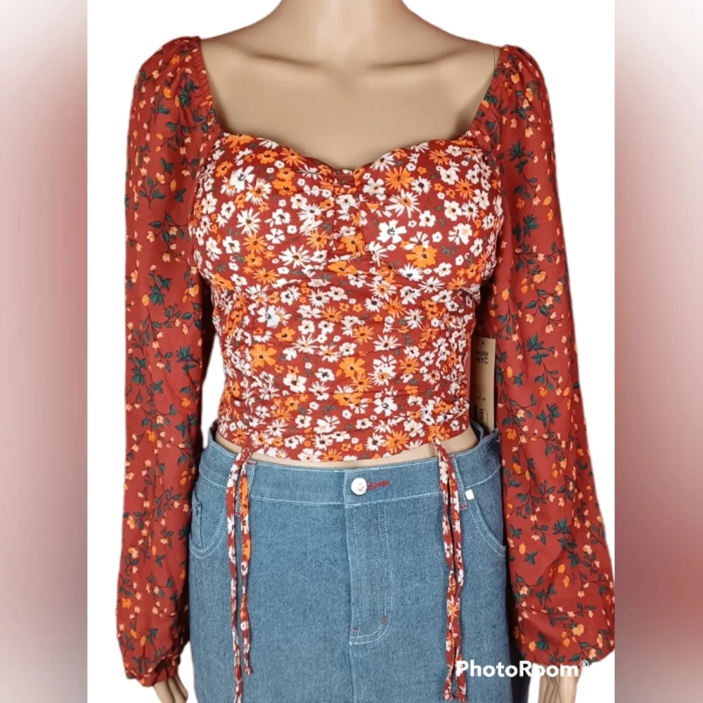 Madden NYC Orange Floral Bohemian Style Long Sleeve Blouse - Picture 1 of 6